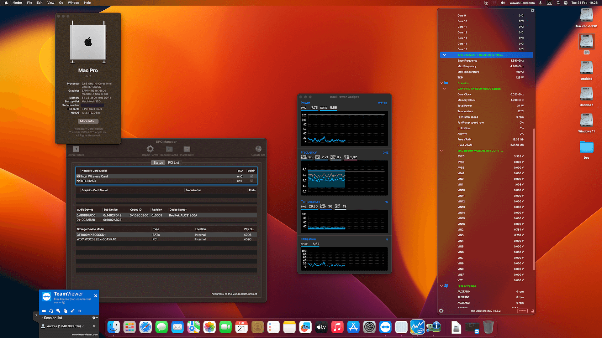 Success Hackintosh macOS Monterey 13.2.1 Build 22D68 in MSI MAG B660M Mortar Wifi DDR4 + Intel Core i5 12600K + Sapphire RX 6800
